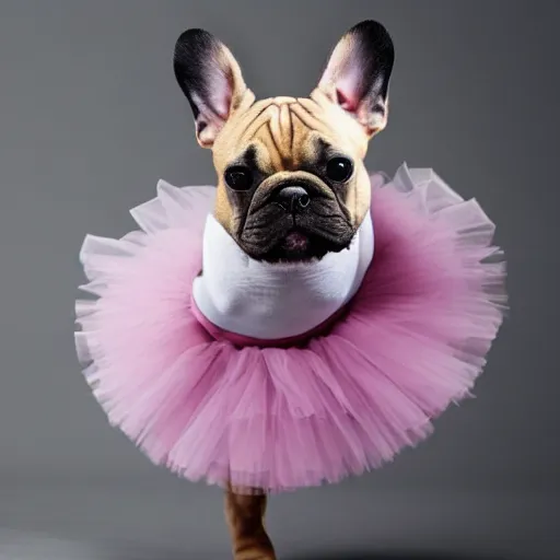 Prompt: a french bulldog ballet dancer in a tutu