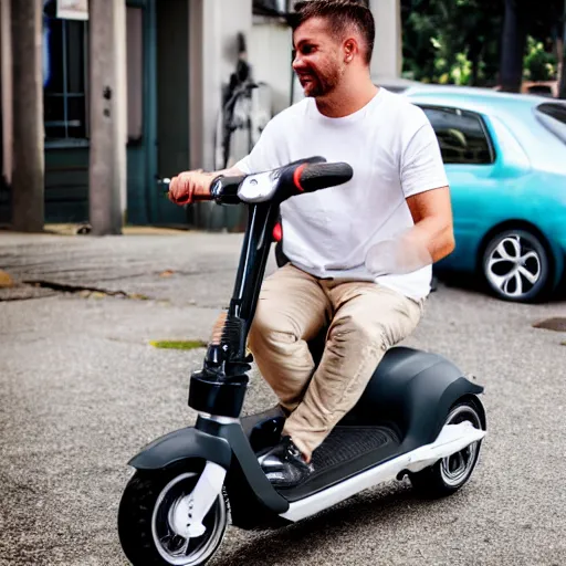 Image similar to Seagull perched on the head of a man riding an electric scooter