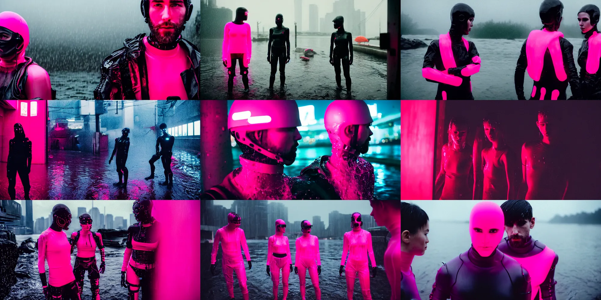 Prompt: cinestill 5 0 d candid photographic portrait by robert capas of 2 cyborgs wearing rugged neon pink mesh techwear in treacherous waters, extreme narrow shot, bokeh, modern cyberpunk moody depressing cinematic, pouring rain, 8 k, hd, high resolution, 3 5 mm, f / 3 2, ultra realistic faces, ex machina