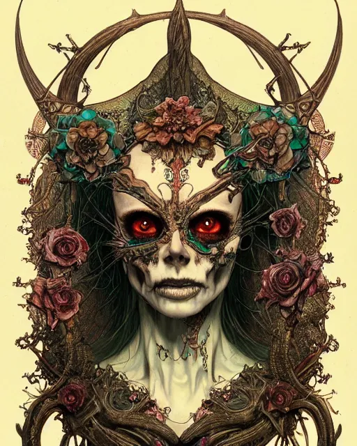 Image similar to perfectly centered portrait front view of a angry dead rotten beautiful female skull growing ornamentation all around, ornate, ornaments, detailed, symmetrical, elegant, beautifully soft lit, by wayne barlowe, peter mohrbacher, kelly mckernan, alphonse mucha