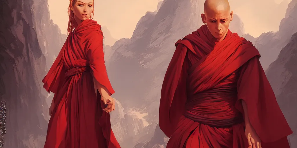 Prompt: sienna portrait of the astute monk crimson and sienna robe ascending the mountain to the monastery, realistic shaded lighting poster by ilya kuvshinov katsuhiro, magali villeneuve, artgerm, jeremy lipkin and michael garmash, rob rey and kentaro miura style, trending on art station