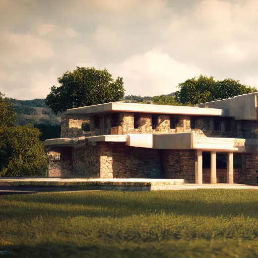 Image similar to realistic architecture created with camembert and empty bootle of wine, frank lloyd wright, french landscape, octane, redshift, 4 k,