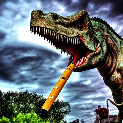 Image similar to dinosaur smoking a cigarette in their mouth realistic hdr professional shot