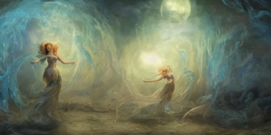 Prompt: concept art of translucent glowing curvy buxom fairy dancing, renaissance, flowy, melting, round moons, rich clouds, very detailed, volumetric light, mist, fine art, decaying, textured oil over canvas, epic fantasy art, very colorful, ornate intricate scales, floor of skulls, fractal gems, 8 k, wide angle