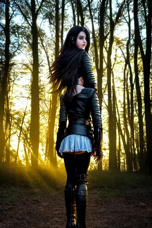 Image similar to hyperrealistic mithra young girl in her 20s intricate knee high black boots and leather jacket in a forest sun behind her concept art eric zener elson peter cinematic blue light low angle hd 8k sharp shallow depth of field