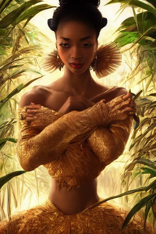 Image similar to stunningly beautiful, nubian geisha prima ballerina in jungle, symmetrical face, golden hour, smooth, focus, highly detailed, hyper realistic, dramatic lighting, elegant, intricate, concept art, art by wlop, mars ravelo, greg rutowski, artstation