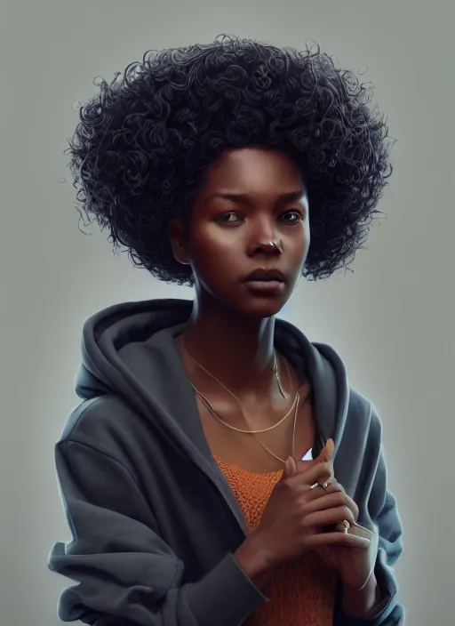 Image similar to full body portrait of young black woman as a software engineer, oversized hoodie, intricate, beautiful and elegant, highly detailed, digital painting, artstation, concept art, smooth, sharp focus, illustration, art by wlop, mars ravelo and greg rutkowski