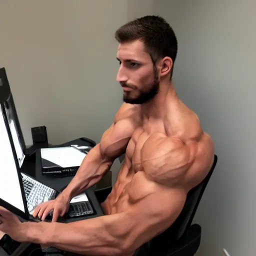 Image similar to a chad. muscular. godlike. using a computer.