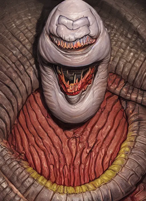 Prompt: portrait of Sandworm from Beetlejuice in Society (1989), highly detailed, centered, solid color background, digital painting, artstation, concept art, smooth, sharp focus, illustration, peter giancola, Joseph Christian Leyendecker, Les Edwards, Ed Repka, Basil Gogos, WLOP, Artgerm