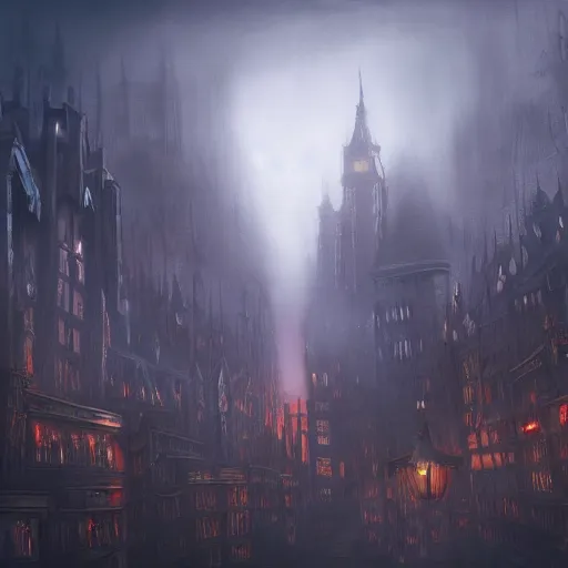 Prompt: fantasy dark vampire cityscape, painting, drone shot, lights in the dark, lanterns, fog, people in the streets, sharp roofs, city wall, smoke, dark fantasy, magic the gathering, fantastic artwork, 4 k, trending on artstation, by greg rutkovski, high fantasy, barren landscape