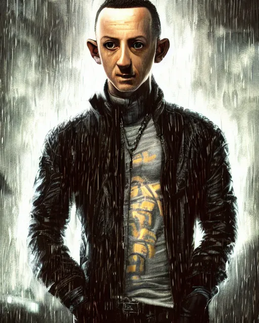 Prompt: An epic fantasy comic book style portrait painting of a very imposing Chester Bennington in the rain , neon reflections, character design by Mark Ryden and Pixar and Hayao Miyazaki, unreal 5, DAZ, hyperrealistic, octane render, cosplay, RPG portrait, dynamic lighting, intricate detail, cinematic