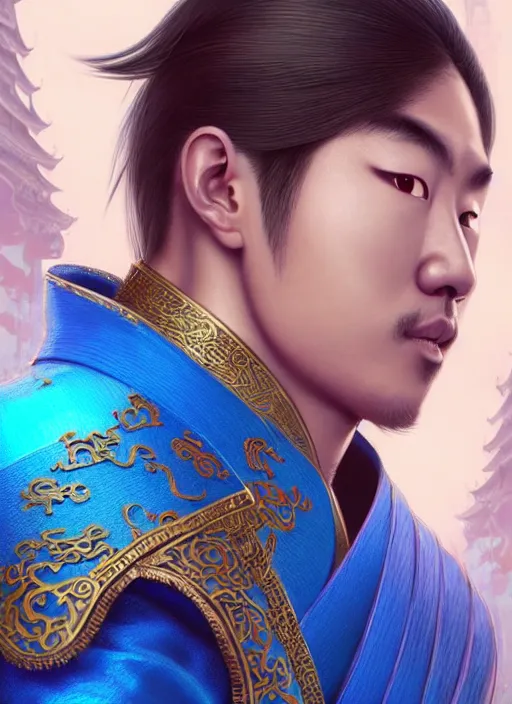 Image similar to male martial artist with a manchu hairstyle!!!! asian facial features and blue eyes!! intricate ornate blue robes!! character concept art, sharp focus, octane render! unreal engine 5! highly rendered!! trending on artstation!! detailed linework!! illustration by artgerm, wlop, and chie yoshii