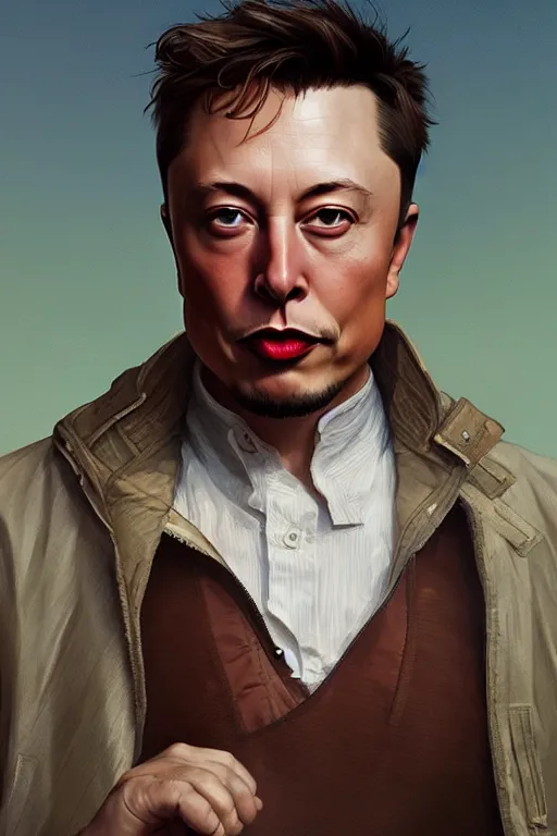 Image similar to male cottagecore elon musk portrait, intricate, swagger, highly detailed, digital painting, artstation, concept art, smooth, sharp, focus, illustration, art by artgerm and greg rutkowski and alphonse mucha