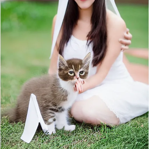 Prompt: cute kitten wearing a bride veil and tennis shoes