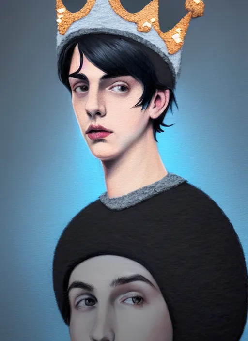 Image similar to portrait of teenage jughead jones wearing a light grey crown, photorealistic, crown made of felt fabric, crown, crown made of felt, black hair, intricate, elegant, highly detailed, digital painting, glowing lights, artstation, concept art, smooth, sharp focus, illustration, art by wlop, mars ravelo and greg rutkowski