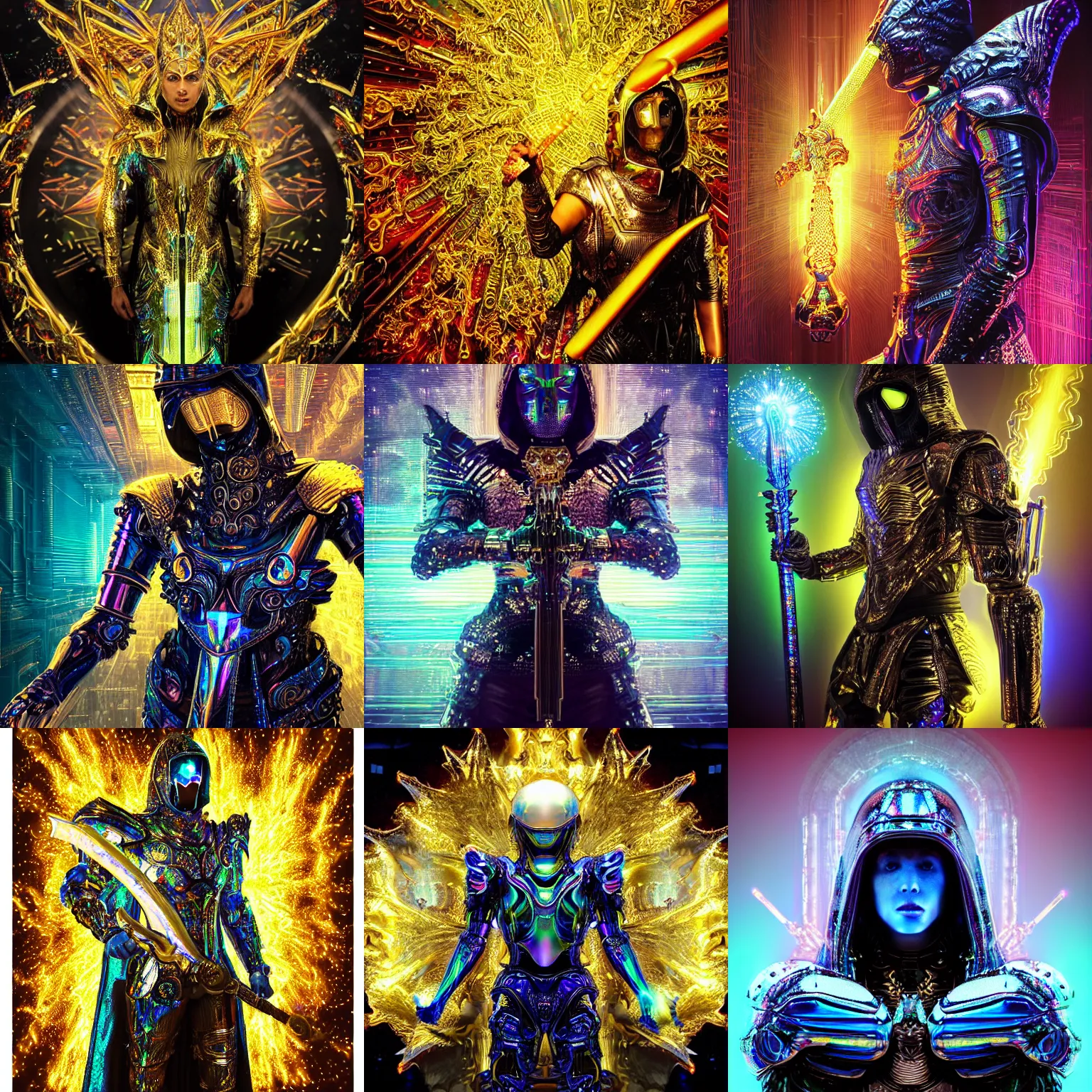 Prompt: Ultra realist intricate dark iridescent detailed painting of a powerful hooded divine royal omnipotent being wearing body armor and brandishing a futuristic golden sword of iridescent flames, human face, biomechanical complex torso covered in iridescent 3D processor microchips, 3D render, 4K, symmetry, rich style, glowing iridescent sparks and smoke behind, crystallic cyberpunk megastructure background, artstation, colorful, badass, galactic deity, dark ominous stealth, colorful lens flares, depth of field, award winning on artstation, artgerm