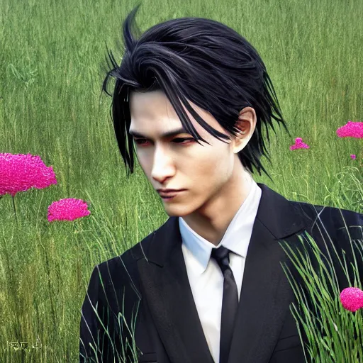 Prompt: a handsome young man in a in a magical lush field of tall grass and overgrown flowers, detailed face, wearing a black suit, piercing gaze, final fantasy, in the style of Yoshitaka Amano, digital art, moonray render, ray tracing —H 640