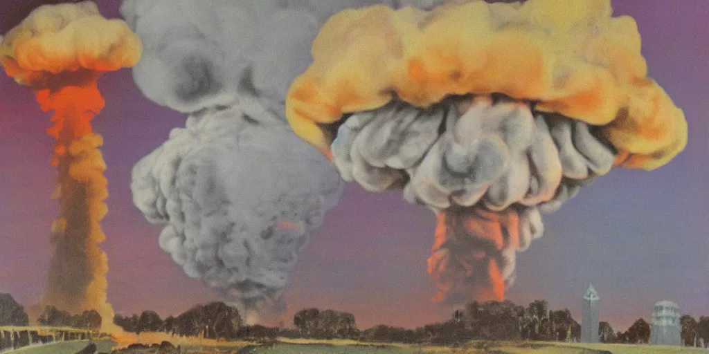 Image similar to Sacking of Washington DC, Mushroom Cloud, 1958, Oil on Canvas, Antiwar, dramatic, digital art