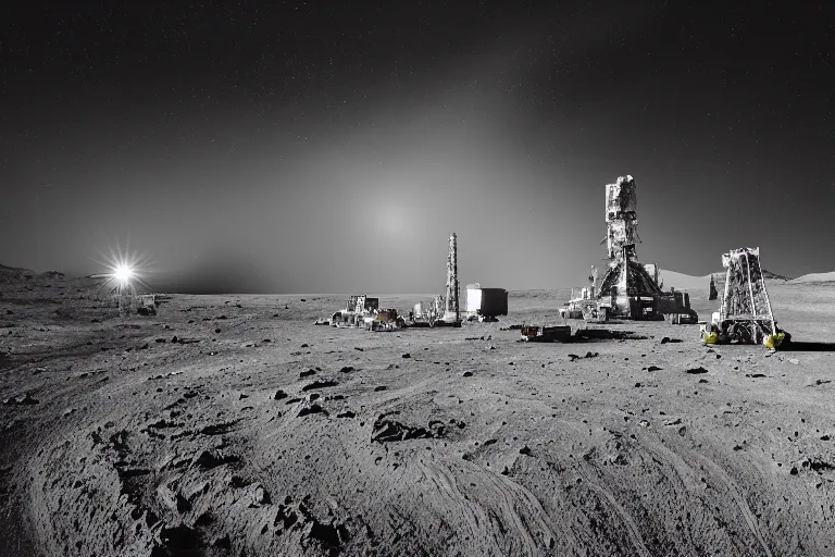 Image similar to a landscape photograph of a mining operation on the moon. plumes of dust are visible against the starry sky. stark contrast, vivid, award winning photography