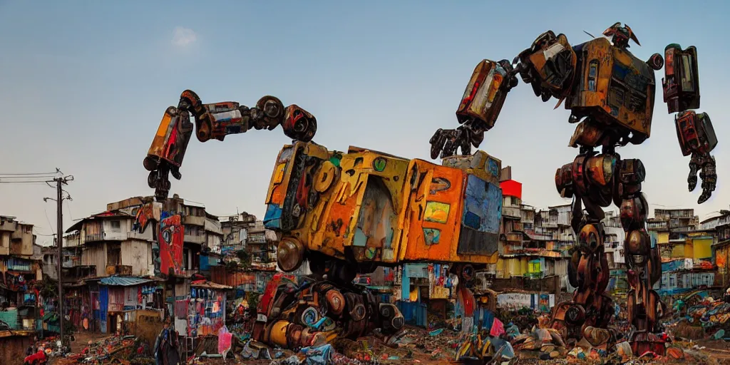 Image similar to colourful - damaged - giant mecha ROBOT of AJEGUNLE SLUMS of Lagos, markings on robot, Golden Hour, in the style of Ghibli,