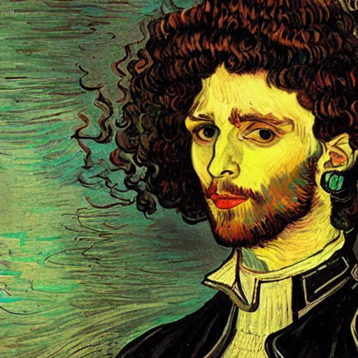 Image similar to a beautiful cyberpunk painting of a curly-haired persian guy in a futuristic world by Leonardo DaVinci and Vincent Van Gogh and Salvador Dali