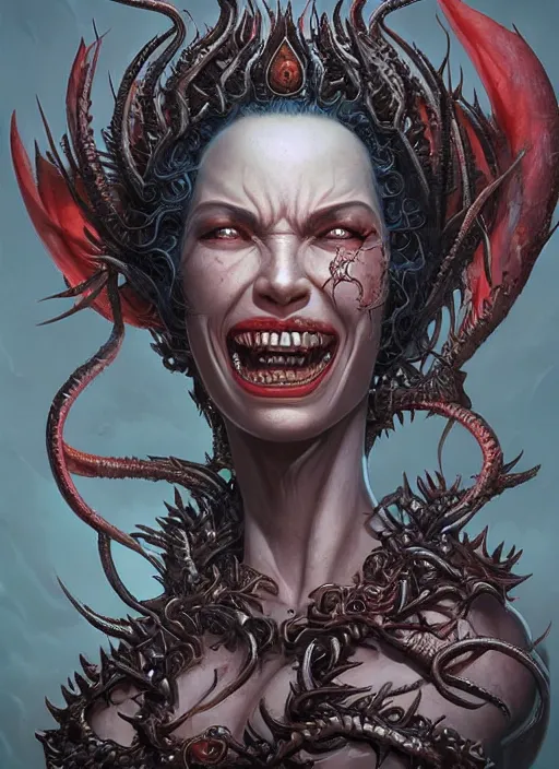 Image similar to a hyper detailed face portrait of the queen of blades smiling, diablo 4 lilith, by yusuke murata, by hiroya oku, by dorian cleavenger, by tom bagshaw, by zdzisław beksinski, trending on artstation
