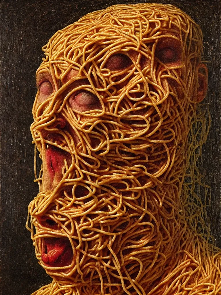 Prompt: a boy made of spaghetti, looking into camera, screaming in pain, by giuseppe arcimboldo and ambrosius benson, renaissance, intricate and intense oil paint, a touch of beksinski and hr giger and edward munch, realistic
