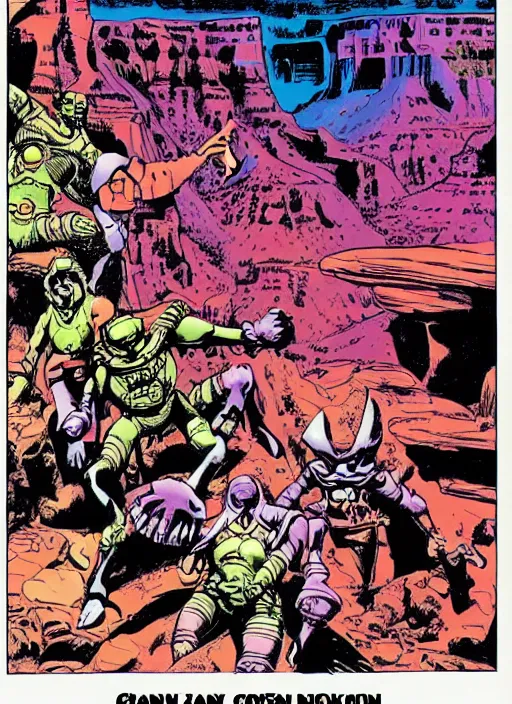 Image similar to comic book drawing of aliens at the grand canyon by jack kirby!!! and gris grimly, cinematic, epic, awesome bright color palette, hard contrast, black ink outlines