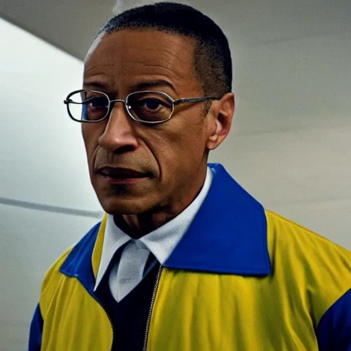 Prompt: gus fring in a blue varsity jacket with yellow sleeves, still from breaking bad