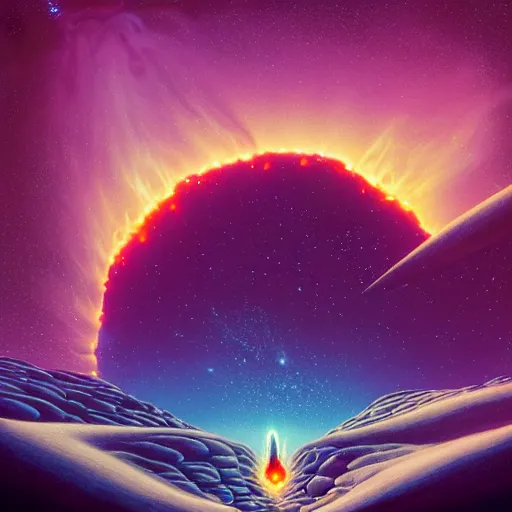 Prompt: ultradetailed matte painting of serene milky way and exploding nebulas with nebullae made out of flaming in shore by beeple, alex grey, charles schulz, dr. seuss, roberto da matta and rhads, featured on artstation
