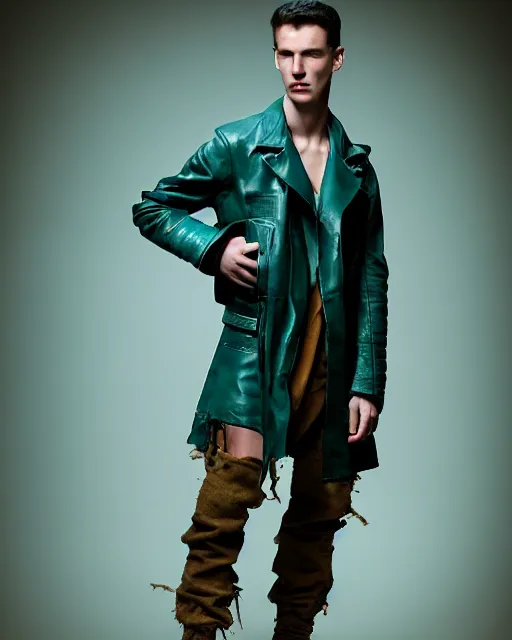 Prompt: an award - winning photo of an ancient male model wearing a plain cropped baggy teal distressed medieval designer menswear leather military jacket designed by alexander mcqueen, 4 k, studio lighting, wide angle lens, 2 0 0 4