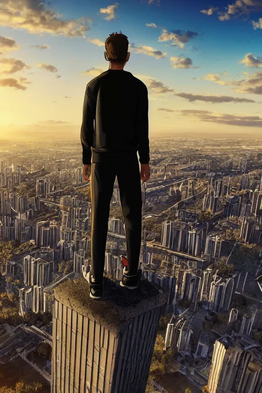 Image similar to Man in black adidas tracksuit looking atop of a urban plateau filled with soviet apartment buildings, golden hour, dreamy, beautiful clouds, ultra detailed beautiful lighting, 4k, wallpaper, russian cityscape, beautiful artwork by Makoto Shinkai