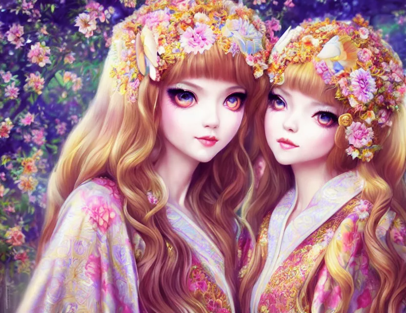 Image similar to two beautiful fashion siberian girls wear fantasy kimono in festival | | big eyes, sunny, dreamlike art, realistic shaded, smile, good looking, hyper details, 4 k realistic, cryengine, realistic shaded lighting poster by artgerm, ross tran, fuji choko, loish, 8 k resolution, trending on artstation, luxury