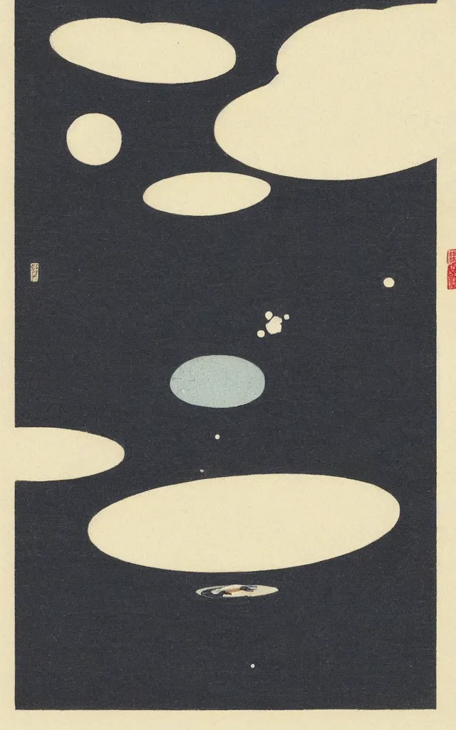 Prompt: a singular small pale blue dot, black background, white accents. minimalist painting. ukiyo-e, shin-hanga