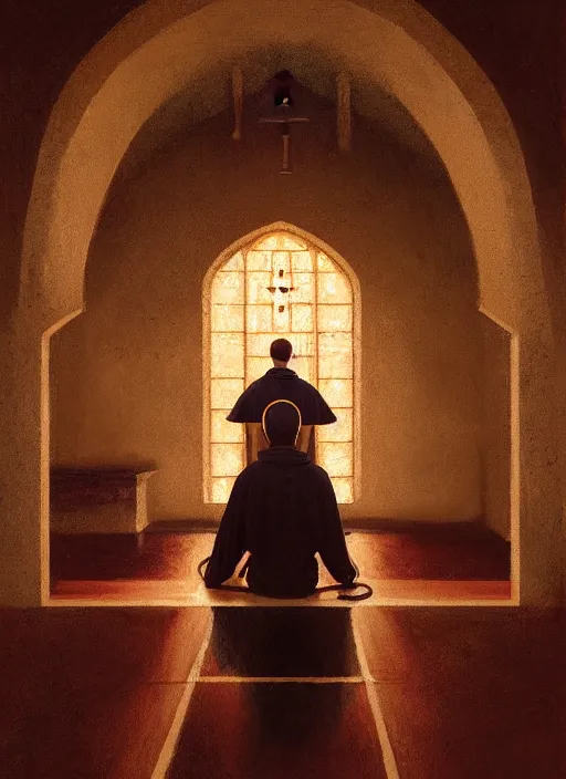 Prompt: symmetry!! oil painting of a weeping tonsured dominican monk in a brown habit, kneeling in a dark empty chapel, hazy, digital art, artstation, cinematic, golden hour, digital art painting by greg rutkowski, cozy atmosphere, cinematic lighting