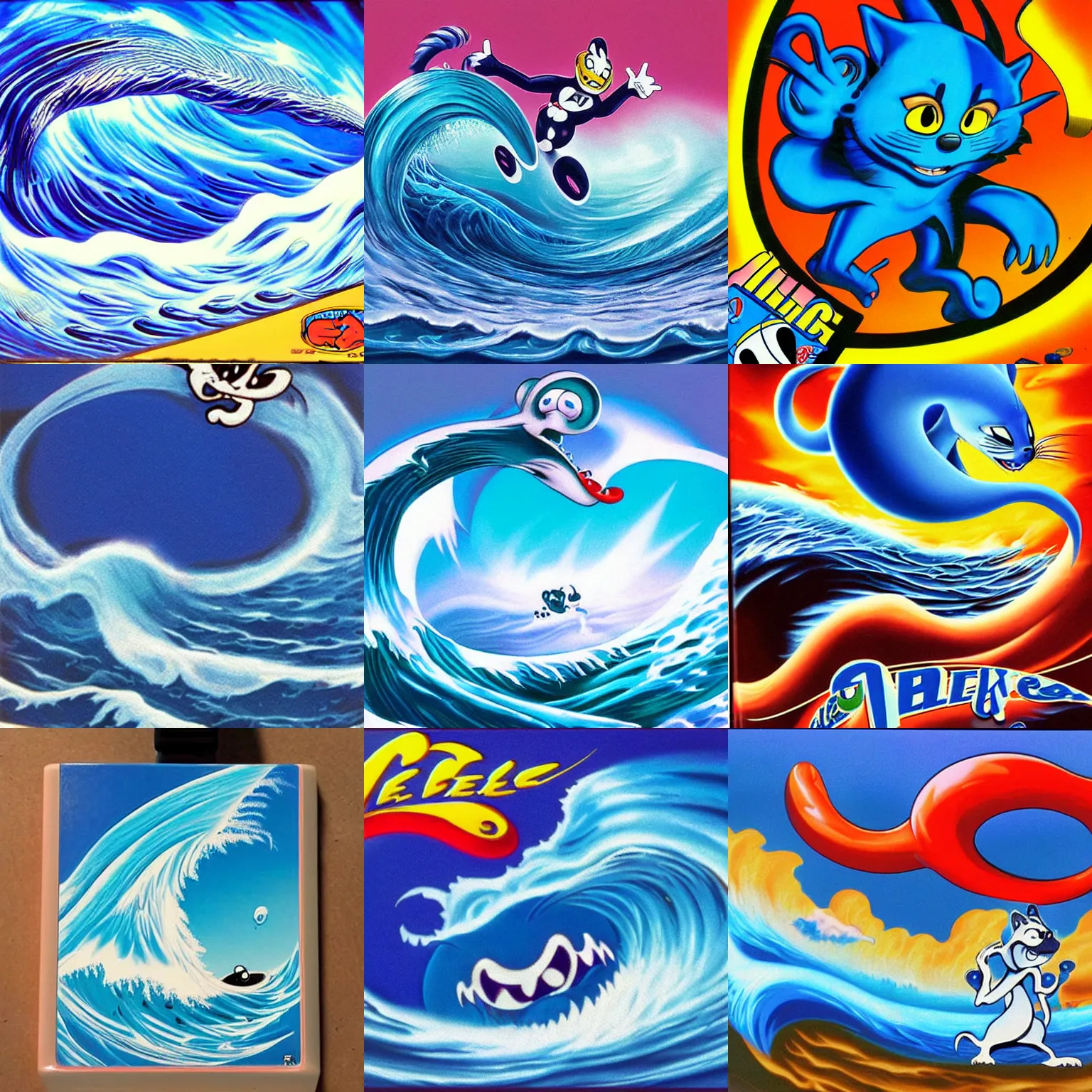 Prompt: professional, high quality airbrush art of a blue cresting ocean wave in the shape of Felix the Cat, 1990s 1992 Sega Genesis box art