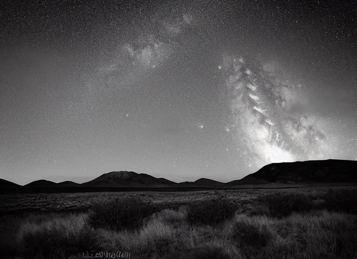 Image similar to long exposure starry night sky, scenic landscape photography by ansel adams