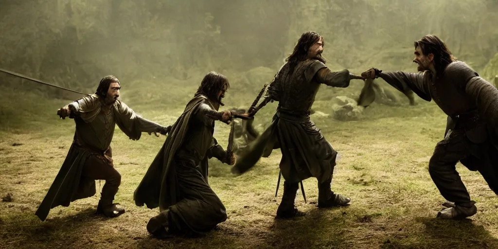 Prompt: rowan atkinson as aragorn fighting an orc, cinematic, high res, 4 k, realistic