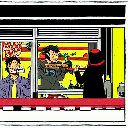 Image similar to detailed intricate colour illustration of a cat robbing a liquor store at gunpoint, comic book style, no speech bubbles, dystopian, dark, akira