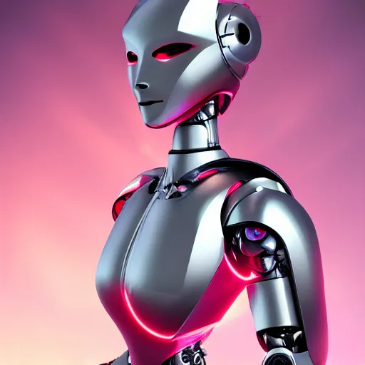 Image similar to a beautiful female robot, shiny white silver plated armor engraved, Fuchsia skin beneath the armor, sharp claws, long tail, robot dragon hands and feet, elegant pose, close-up shot, digital art, 8k HD render, epic lighting, depth of field