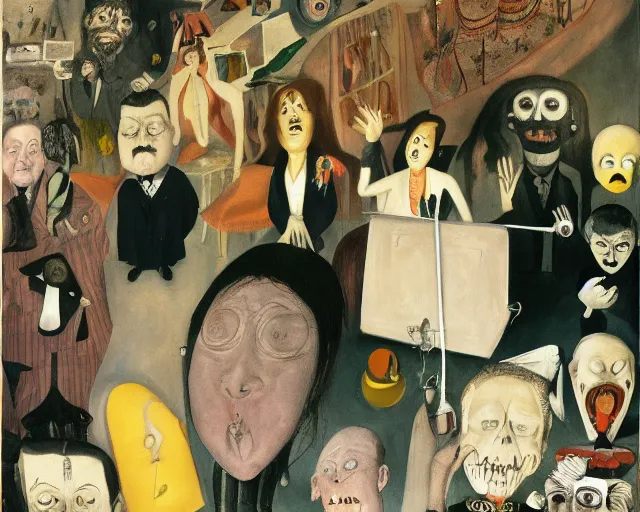 Prompt: the horror of beaurocracy, papers, horror, desk, stress, frustration, anger, crowded, harsh cinematic lighting, high qulity, 4 k, by charles addams and hilma af klint and affandi