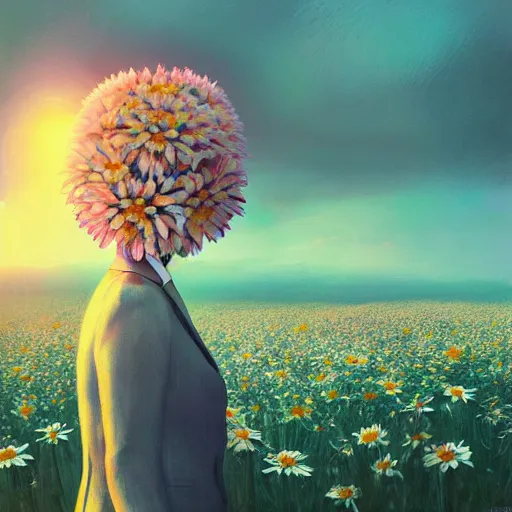 Image similar to enlarged daisy flower head, frontal, girl in a suit, surreal photography, sunrise, dramatic light, impressionist painting, digital painting, artstation, simon stalenhag