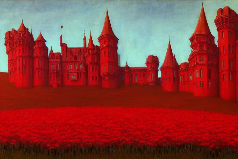 Image similar to only with red, red flowers of different types, red castle in background, red medieval goblins, in the style of beksinski, parts by edward hopper, parts by rodcenko, parts by yue minjun, intricate and epic composition, red by caravaggio, insanely quality, highly detailed, masterpiece, red light, artstation, 4 k