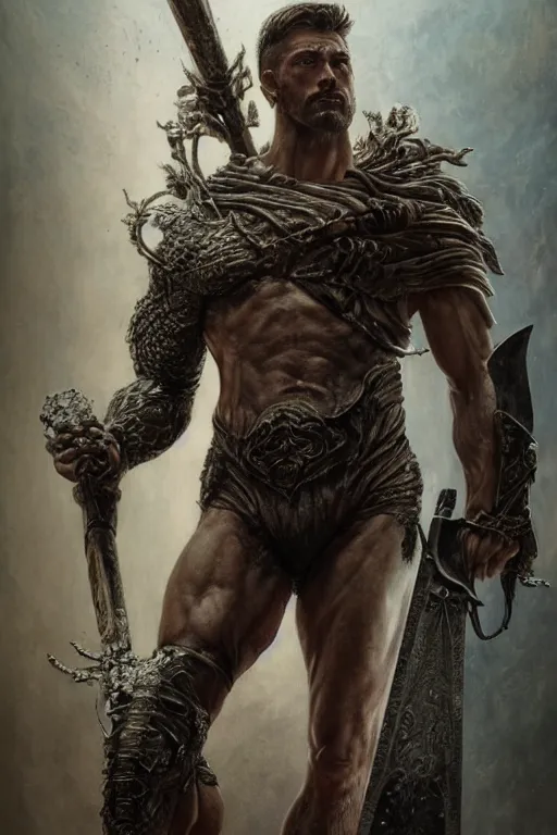 Image similar to hyperrealistic mixed media painting of Cain, a spear in his hand, masculine and handsome, stunning 3d render inspired art by P. Craig Russell and Barry Windsor-Smith + perfect facial symmetry + dim volumetric lighting, 8k octane beautifully detailed render, post-processing, extremely hyperdetailed, intricate, epic composition, grim yet sparkling atmosphere, cinematic lighting + masterpiece, trending on artstation, very very detailed, masterpiece, stunning