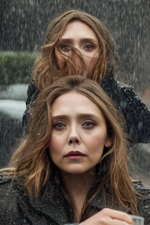 Prompt: dramatic portrait of Elizabeth Olsen in the rain