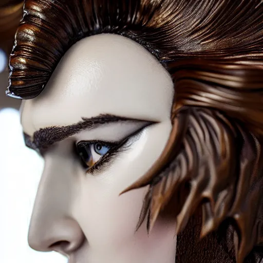 Image similar to photo taken of an epic intricate, ultra detailed, super realistic bust of a majestic gracious regal aristocratic brunette female vampire created by weta workshop, menacing, some zoomed in shots, photorealistic, sharp focus, white wall, extremely cold blueish colour temperature, 3 5 mm, f 1. 4, golden ratio