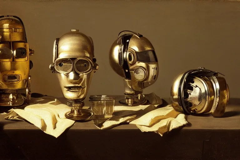 Prompt: still life painting of old vintage robot heads by pieter claesz, oil on canvas, strong lighting, highly detailed, hyper realism, golden hour, god rays, hd, 4 k