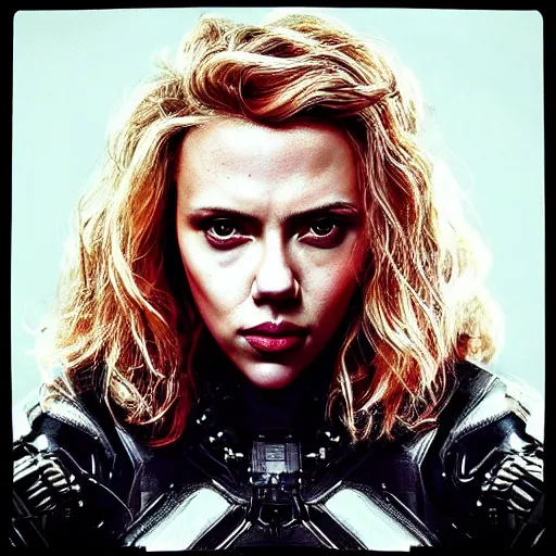 Prompt: “Scarlett Johansson portrait, dystopia core, hyperrealistic, apocalyptic, highly detailed exoskeleton armor, dramatic, sharp focus, hero, gape, epic”