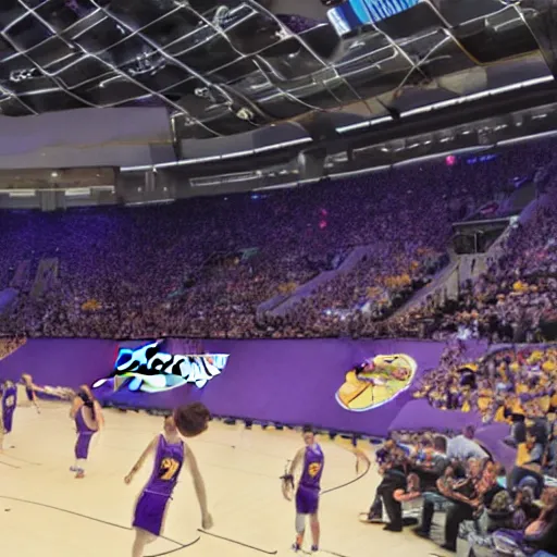 Image similar to Whales playing basketball in at the Lakers arena