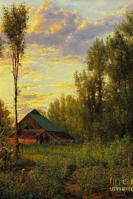 Prompt: greenhouse with harvest at sunrise painting by ivan shishkin